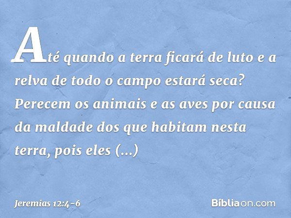 Até quando a terra ficará de luto
e a relva de todo o campo estará seca?
Perecem os animais e as aves
por causa da maldade
dos que habitam nesta terra,
pois ele