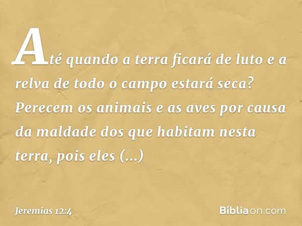 Até quando a terra ficará de luto
e a relva de todo o campo estará seca?
Perecem os animais e as aves
por causa da maldade
dos que habitam nesta terra,
pois ele