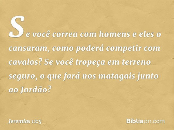 "Se você correu com homens
e eles o cansaram,
como poderá competir com cavalos?
Se você tropeça em terreno seguro,
o que fará nos matagais
junto ao Jordão? -- J