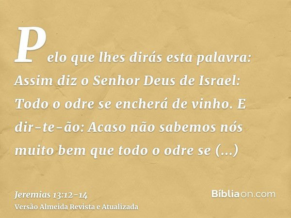 Pelo que lhes dirás esta palavra: Assim diz o Senhor Deus de Israel: Todo o odre se encherá de vinho. E dir-te-ão: Acaso não sabemos nós muito bem que todo o od