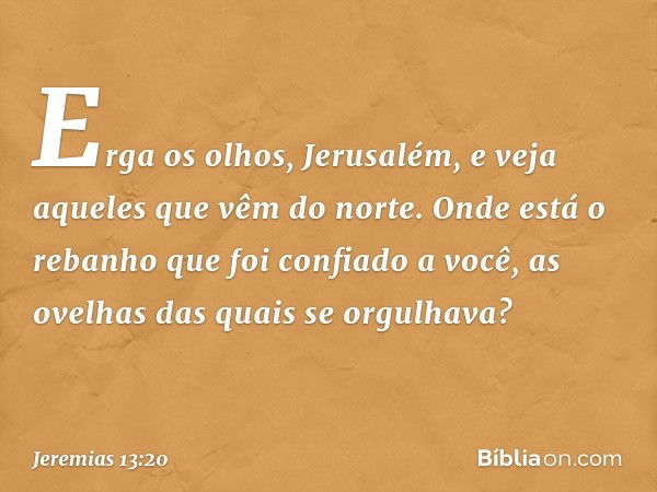 Erga os olhos, Jerusalém,
e veja aqueles que vêm do norte.
Onde está o rebanho
que foi confiado a você,
as ovelhas das quais se orgulhava? -- Jeremias 13:20