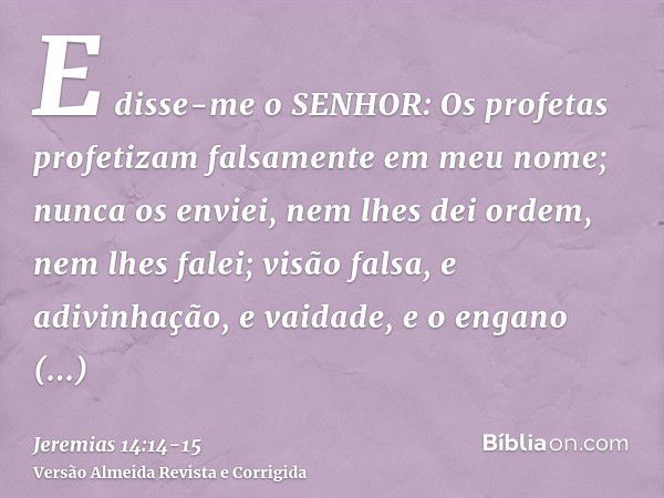 E disse-me o SENHOR: Os profetas profetizam falsamente em meu nome; nunca os enviei, nem lhes dei ordem, nem lhes falei; visão falsa, e adivinhação, e vaidade, 