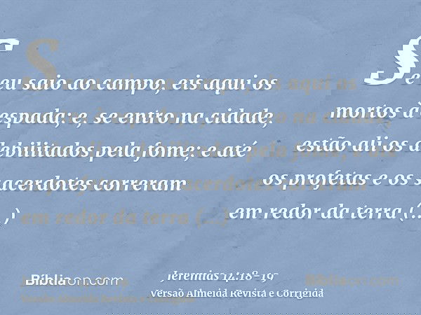 Se eu saio ao campo, eis aqui os mortos à espada; e, se entro na cidade, estão ali os debilitados pela fome; e até os profetas e os sacerdotes correram em redor