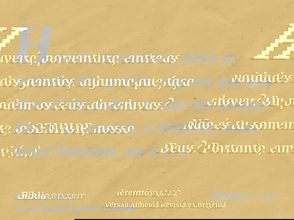 Haverá, porventura, entre as vaidades dos gentios, alguma que faça chover? Ou podem os céus dar chuvas? Não és tu somente, ó SENHOR, nosso Deus? Portanto, em ti