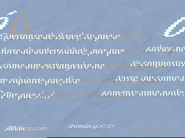 Ó Esperança de Israel,
tu que o salvas na hora da adversidade,
por que te comportas
como um estrangeiro na terra,
ou como um viajante
que fica somente uma noite
