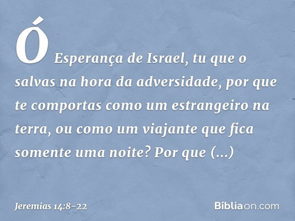 Ó Esperança de Israel,
tu que o salvas na hora da adversidade,
por que te comportas
como um estrangeiro na terra,
ou como um viajante
que fica somente uma noite