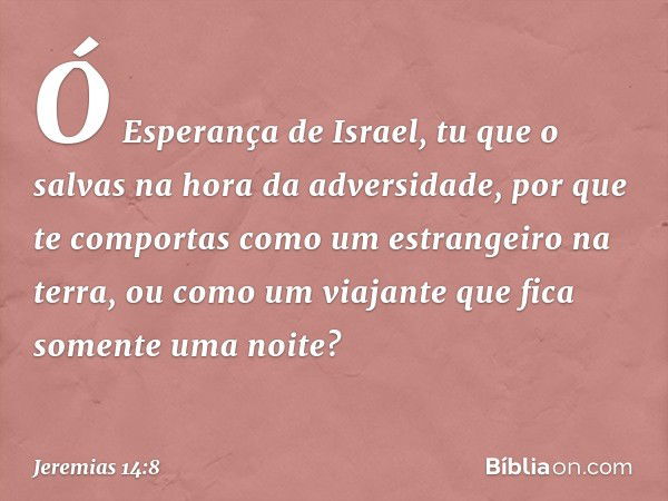 Ó Esperança de Israel,
tu que o salvas na hora da adversidade,
por que te comportas
como um estrangeiro na terra,
ou como um viajante
que fica somente uma noite