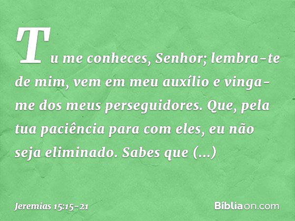 Tu me conheces, Senhor;
lembra-te de mim, vem em meu auxílio
e vinga-me dos meus perseguidores.
Que, pela tua paciência para com eles,
eu não seja eliminado.
Sa