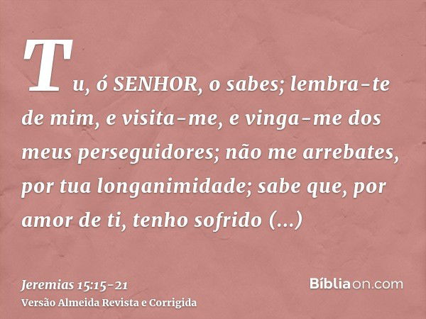 Tu, ó SENHOR, o sabes; lembra-te de mim, e visita-me, e vinga-me dos meus perseguidores; não me arrebates, por tua longanimidade; sabe que, por amor de ti, tenh