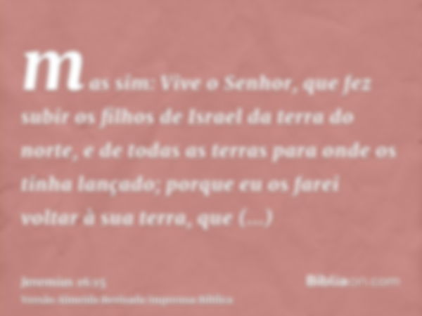 mas sim: Vive o Senhor, que fez subir os filhos de Israel da terra do norte, e de todas as terras para onde os tinha lançado; porque eu os farei voltar à sua te