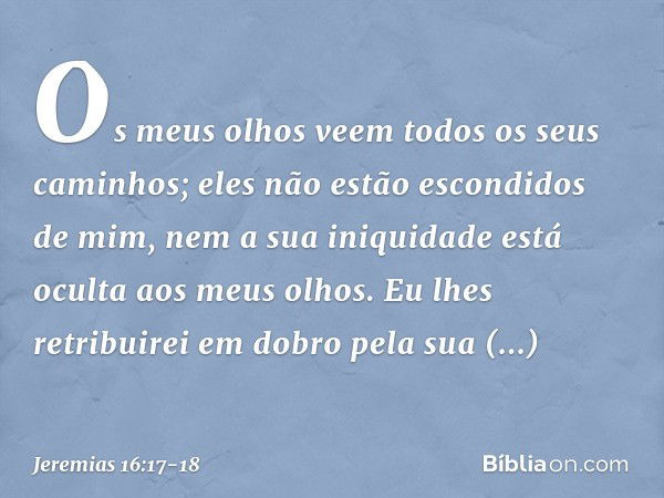 Os meus olhos veem todos os seus caminhos; eles não estão escondidos de mim, nem a sua iniquidade está oculta aos meus olhos. Eu lhes retribuirei em dobro pela 