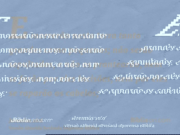 E morrerão nesta terra tanto grandes como pequenos; não serão sepultados, e não os prantearão, nem se farão por eles incisões, nem por eles se raparão os cabelo