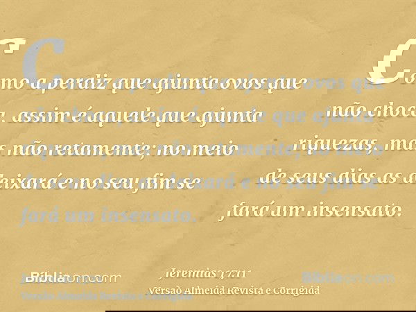 Como a perdiz que ajunta ovos que não choca, assim é aquele que ajunta riquezas, mas não retamente; no meio de seus dias as deixará e no seu fim se fará um inse