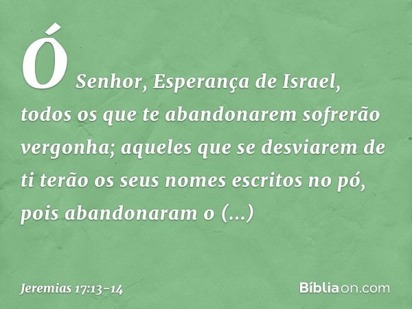 Ó Senhor, Esperança de Israel,
todos os que te abandonarem
sofrerão vergonha;
aqueles que se desviarem de ti
terão os seus nomes escritos no pó,
pois abandonara