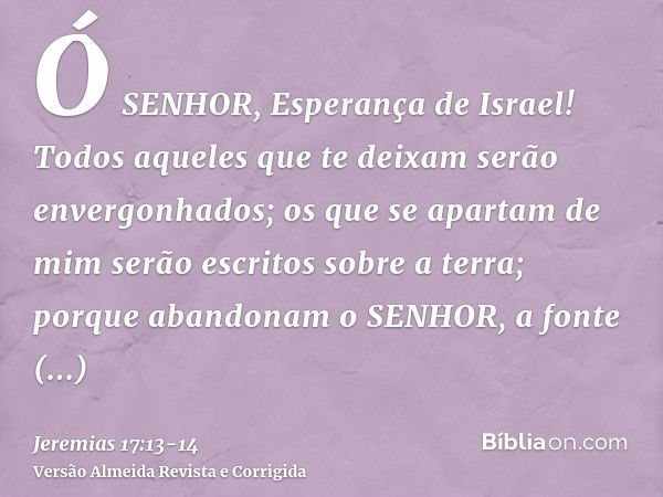 Ó SENHOR, Esperança de Israel! Todos aqueles que te deixam serão envergonhados; os que se apartam de mim serão escritos sobre a terra; porque abandonam o SENHOR