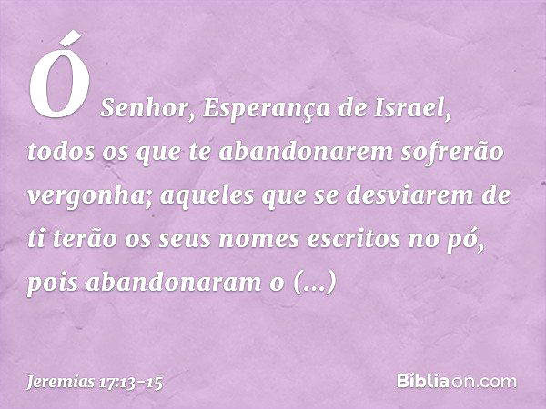 Ó Senhor, Esperança de Israel,
todos os que te abandonarem
sofrerão vergonha;
aqueles que se desviarem de ti
terão os seus nomes escritos no pó,
pois abandonara