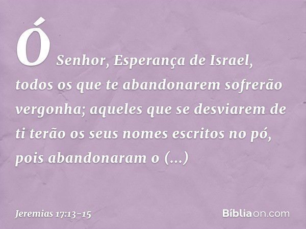 Ó Senhor, Esperança de Israel,
todos os que te abandonarem
sofrerão vergonha;
aqueles que se desviarem de ti
terão os seus nomes escritos no pó,
pois abandonara