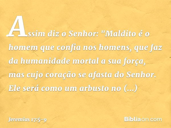 Assim diz o Senhor:
"Maldito é o homem
que confia nos homens,
que faz da humanidade mortal
a sua força,
mas cujo coração se afasta do Senhor. Ele será como um a