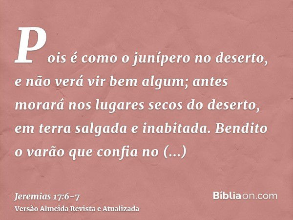 Pois é como o junípero no deserto, e não verá vir bem algum; antes morará nos lugares secos do deserto, em terra salgada e inabitada.Bendito o varão que confia 