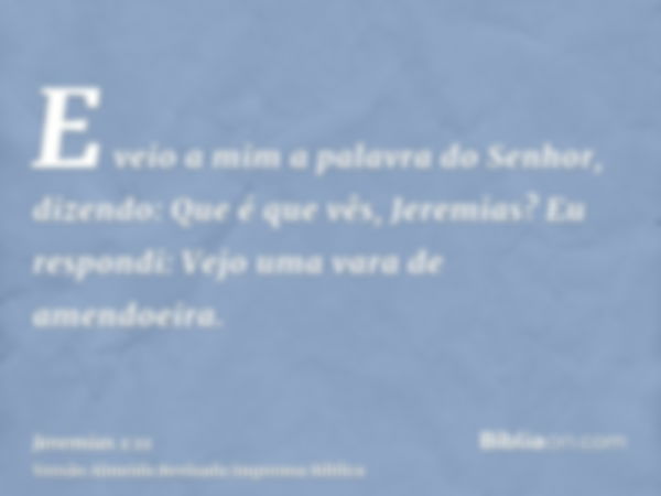 E veio a mim a palavra do Senhor, dizendo: Que é que vês, Jeremias? Eu respondi: Vejo uma vara de amendoeira.