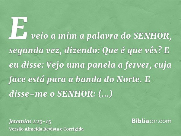 E veio a mim a palavra do SENHOR, segunda vez, dizendo: Que é que vês? E eu disse: Vejo uma panela a ferver, cuja face está para a banda do Norte.E disse-me o S