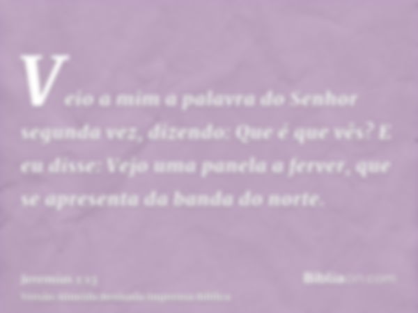 Veio a mim a palavra do Senhor segunda vez, dizendo: Que é que vês? E eu disse: Vejo uma panela a ferver, que se apresenta da banda do norte.