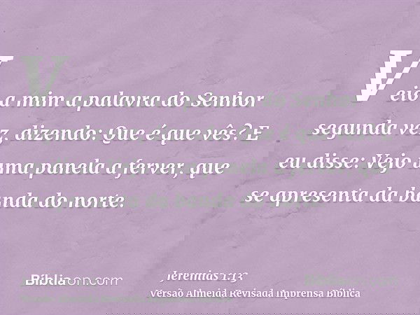 Veio a mim a palavra do Senhor segunda vez, dizendo: Que é que vês? E eu disse: Vejo uma panela a ferver, que se apresenta da banda do norte.
