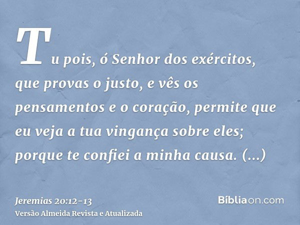 Tu pois, ó Senhor dos exércitos, que provas o justo, e vês os pensamentos e o coração, permite que eu veja a tua vingança sobre eles; porque te confiei a minha 