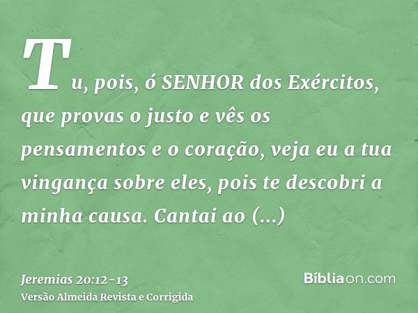 Tu, pois, ó SENHOR dos Exércitos, que provas o justo e vês os pensamentos e o coração, veja eu a tua vingança sobre eles, pois te descobri a minha causa.Cantai 