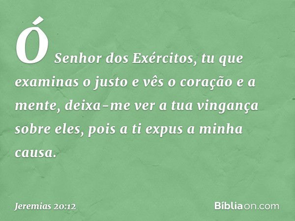 Ó Senhor dos Exércitos,
tu que examinas o justo
e vês o coração e a mente,
deixa-me ver a tua vingança sobre eles,
pois a ti expus a minha causa. -- Jeremias 20