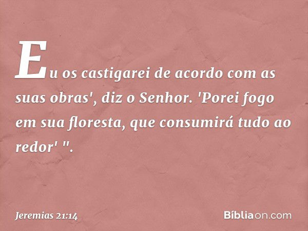 Eu os castigarei
de acordo com as suas obras',
diz o Senhor.
'Porei fogo em sua floresta,
que consumirá tudo ao redor' ". -- Jeremias 21:14