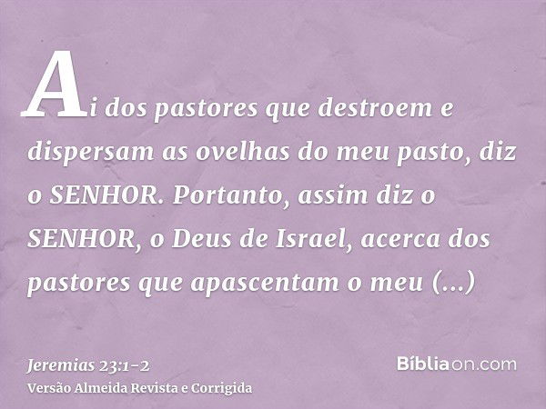 Ai dos pastores que destroem e dispersam as ovelhas do meu pasto, diz o SENHOR.Portanto, assim diz o SENHOR, o Deus de Israel, acerca dos pastores que apascenta