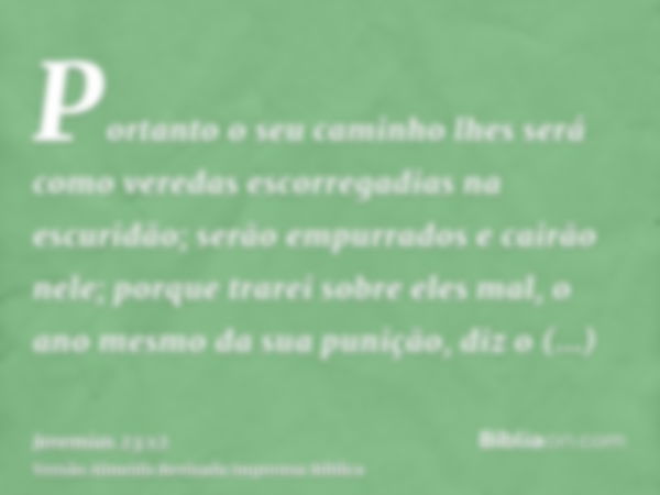 Portanto o seu caminho lhes será como veredas escorregadias na escuridão; serão empurrados e cairão nele; porque trarei sobre eles mal, o ano mesmo da sua puniç