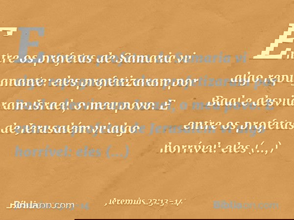 "Entre os profetas de Samaria
vi algo repugnante:
eles profetizaram por Baal
e desviaram Israel, o meu povo. E entre os profetas de Jerusalém
vi algo horrível:
