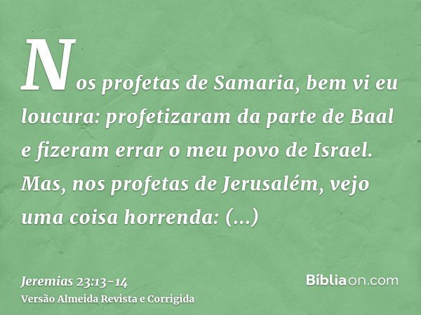 Nos profetas de Samaria, bem vi eu loucura: profetizaram da parte de Baal e fizeram errar o meu povo de Israel.Mas, nos profetas de Jerusalém, vejo uma coisa ho