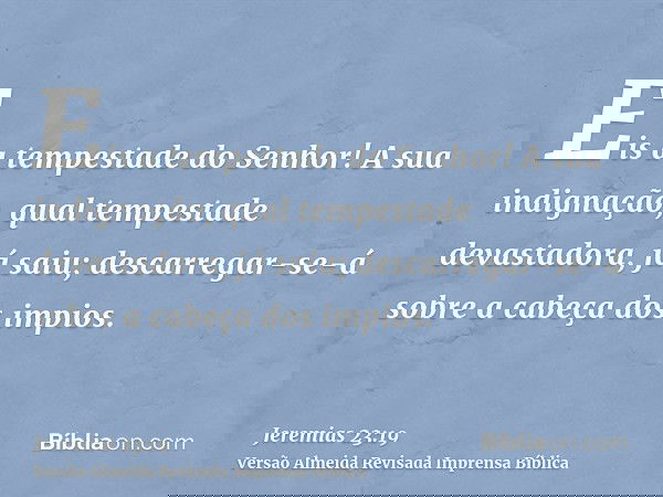Eis a tempestade do Senhor! A sua indignação, qual tempestade devastadora, já saiu; descarregar-se-á sobre a cabeça dos impios.