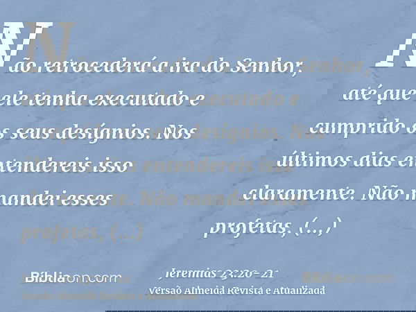 Não retrocederá a ira do Senhor, até que ele tenha executado e cumprido os seus desígnios. Nos últimos dias entendereis isso claramente.Não mandei esses profeta