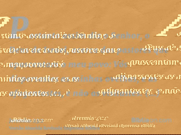Portanto assim diz o Senhor, o Deus de Israel, acerca dos pastores que apascentam o meu povo: Vós dispersastes as minhas ovelhas, e as afugentastes, e não as vi