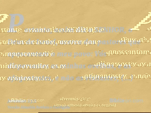 Portanto, assim diz o SENHOR, o Deus de Israel, acerca dos pastores que apascentam o meu povo: Vós dispersastes as minhas ovelhas, e as afugentastes, e não as v