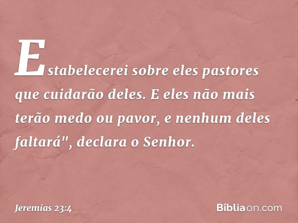 Estabelecerei sobre eles pastores que cuidarão deles. E eles não mais terão medo ou pavor, e nenhum deles faltará", declara o ­Senhor. -- Jeremias 23:4