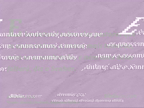 E levantarei sobre elas pastores que as apascentem, e nunca mais temerão, nem se assombrarão, e nem uma delas faltará, diz o Senhor.