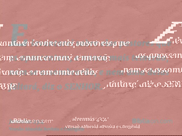 E levantarei sobre elas pastores que as apascentem, e nunca mais temerão, nem se assombrarão, e nem uma delas faltará, diz o SENHOR.