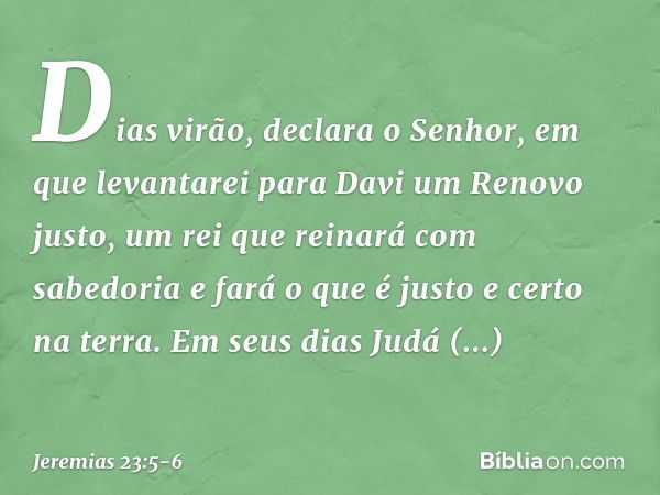 "Dias virão", declara o Senhor,
"em que levantarei para Davi
um Renovo justo,
um rei que reinará com sabedoria
e fará o que é justo e certo na terra. Em seus di