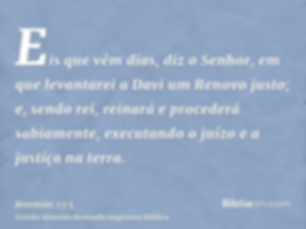 Eis que vêm dias, diz o Senhor, em que levantarei a Davi um Renovo justo; e, sendo rei, reinará e procederá sabiamente, executando o juízo e a justiça na terra.