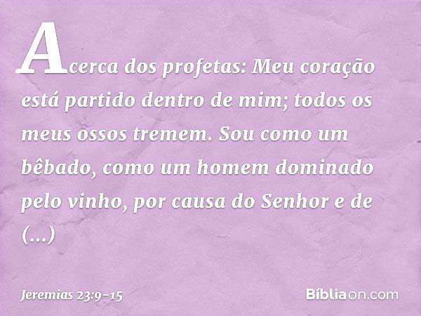 Acerca dos profetas:
Meu coração está partido
dentro de mim;
todos os meus ossos tremem.
Sou como um bêbado,
como um homem dominado pelo vinho,
por causa do Sen