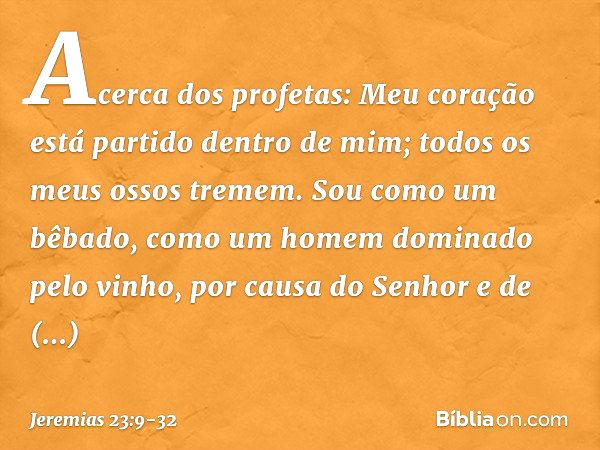 Acerca dos profetas:
Meu coração está partido
dentro de mim;
todos os meus ossos tremem.
Sou como um bêbado,
como um homem dominado pelo vinho,
por causa do Sen