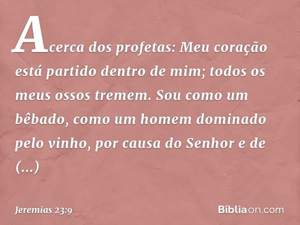 Acerca dos profetas:
Meu coração está partido
dentro de mim;
todos os meus ossos tremem.
Sou como um bêbado,
como um homem dominado pelo vinho,
por causa do Sen