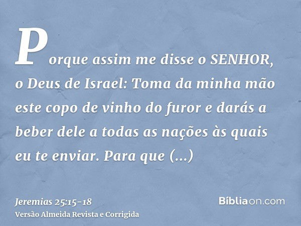 Porque assim me disse o SENHOR, o Deus de Israel: Toma da minha mão este copo de vinho do furor e darás a beber dele a todas as nações às quais eu te enviar.Par