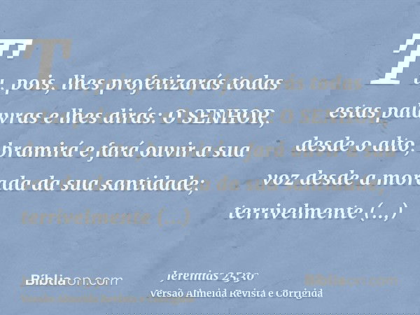 Tu, pois, lhes profetizarás todas estas palavras e lhes dirás: O SENHOR, desde o alto, bramirá e fará ouvir a sua voz desde a morada da sua santidade; terrivelm