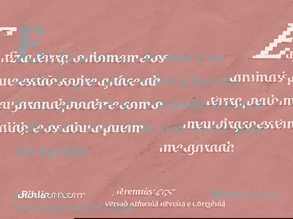 Eu fiz a terra, o homem e os animais que estão sobre a face da terra, pelo meu grande poder e com o meu braço estendido, e os dou a quem me agrada.